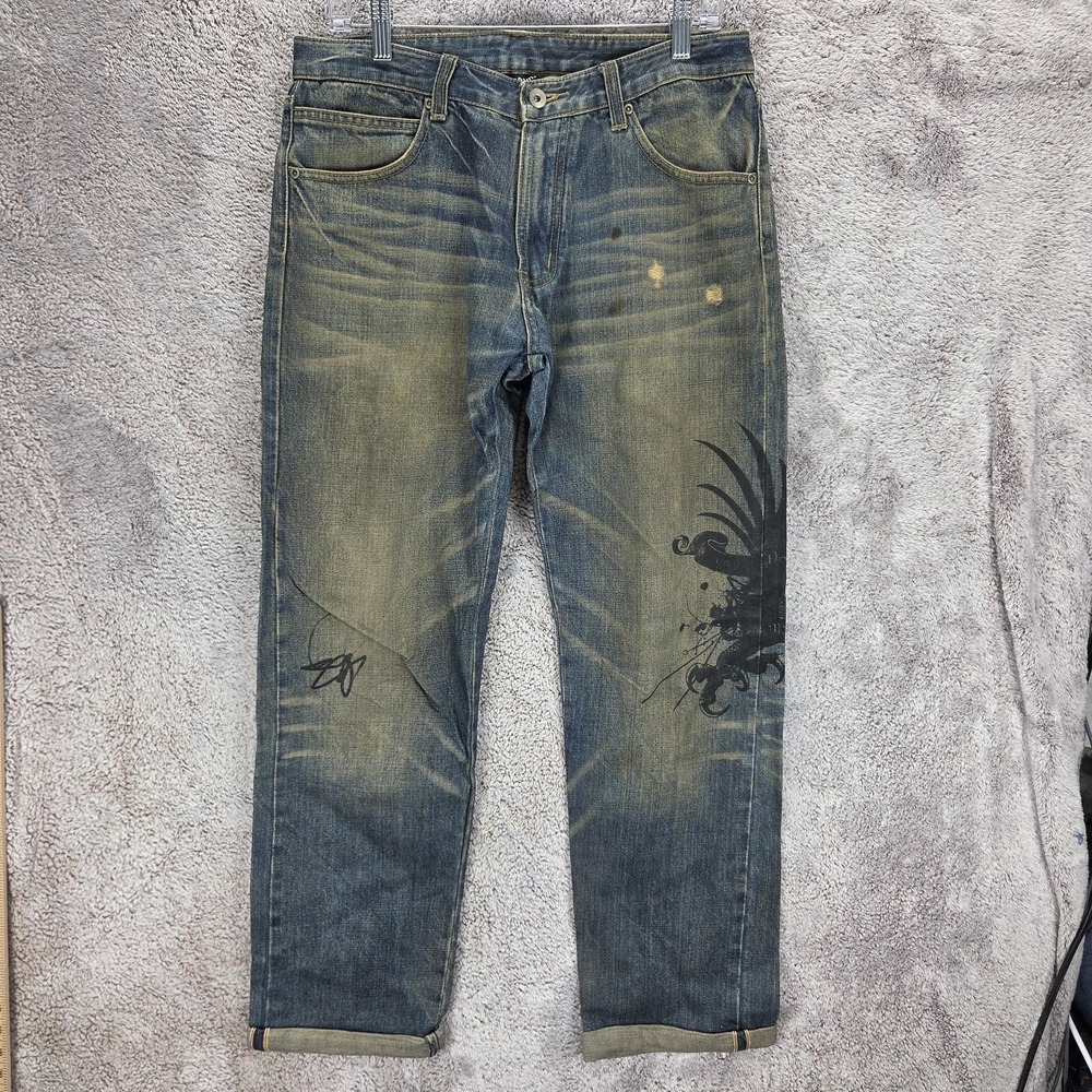 Selvedge Jeans Mens Blue Dirty Wash Machi Whiskers Honeycomb Zip Fly Fits 32x32
